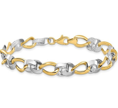 10K Two Tone Polished & Diamond Cut Link Bracelet - 7.5"