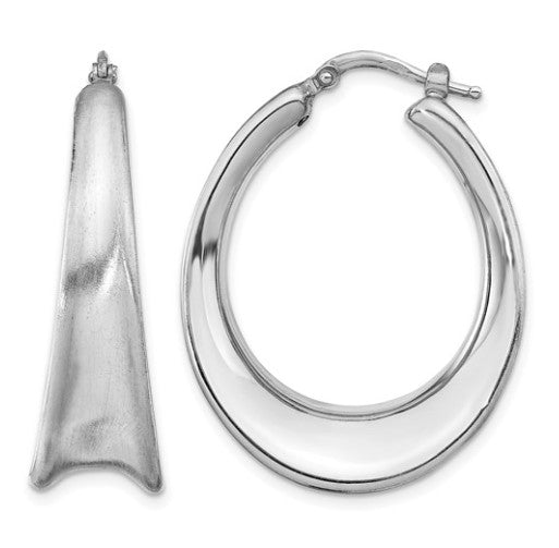 Sterling Silver Rhodium Plated Polished & Brushed Oval Hoop Earrings