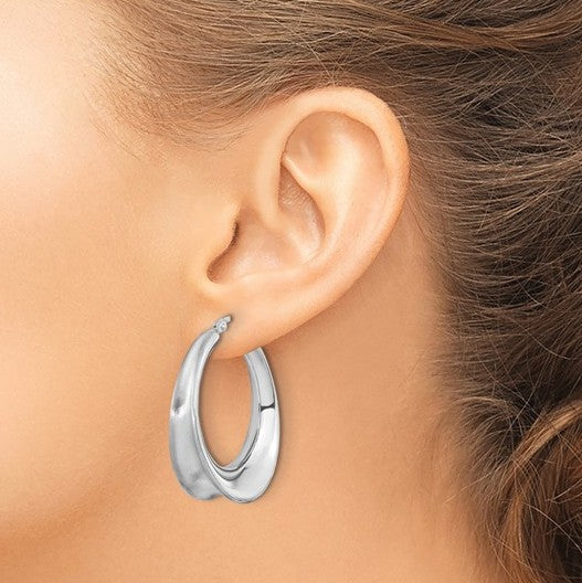 Sterling Silver Rhodium Plated Polished & Brushed Oval Hoop Earrings