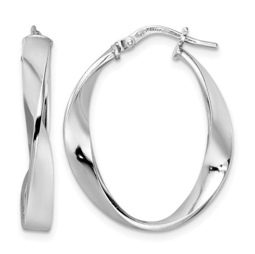 Sterling Silver Rhodium Plated Polished Oval Twisted Hoop Earrings