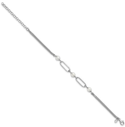 Sterling Silver Rhodium Plated Polished Freshwater Pearl Bracelet