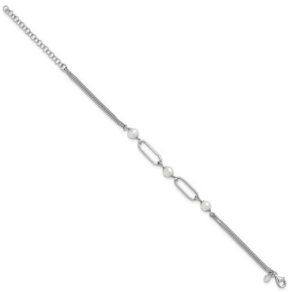 Sterling Silver Rhodium Plated Polished Freshwater Pearl Bracelet