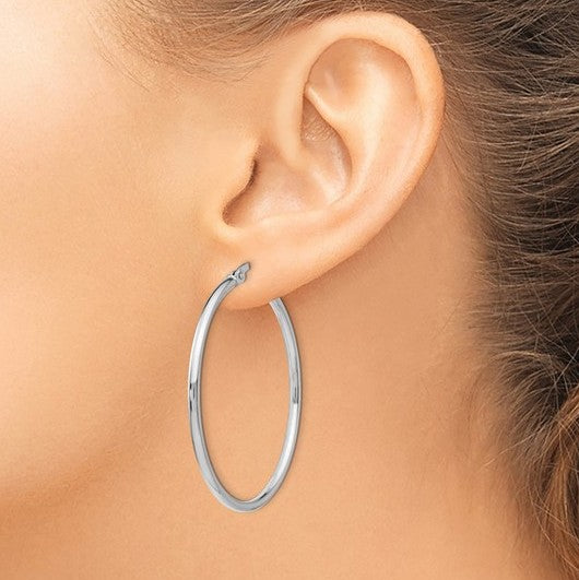 Sterling Silver Rhodium Plated Polished Hinged 41mm Hoop Earrings