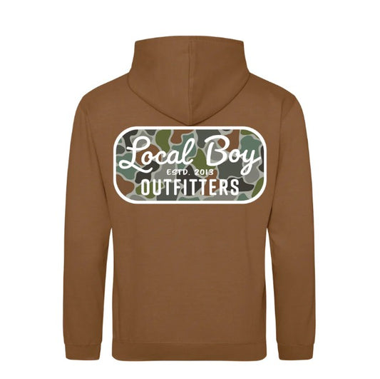 Local Boy Brushwood Hoodie - Retro Patch Forest Camo in Caramel Toffee
