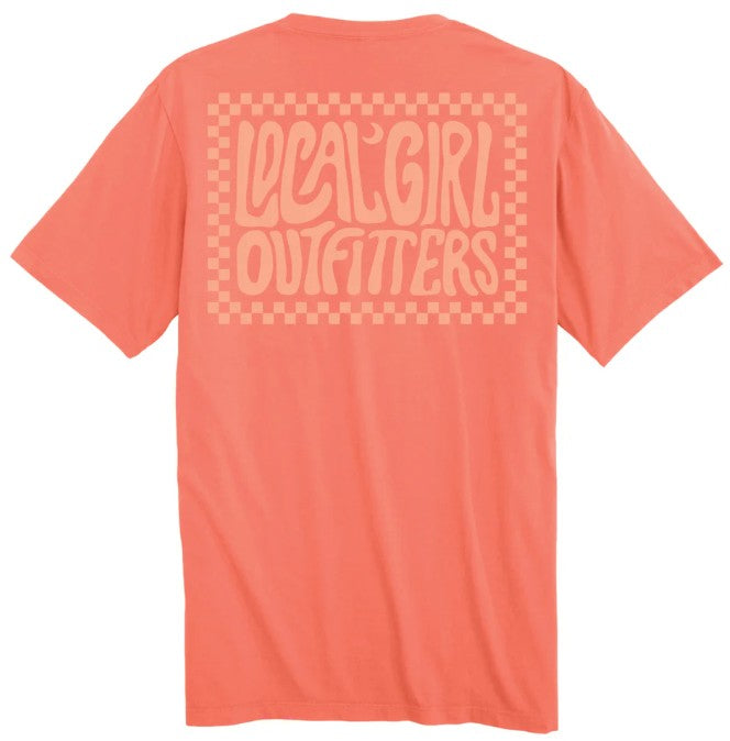 Local Girl Checkered Charm Short Sleeve T-Shirt in Bright Salmon