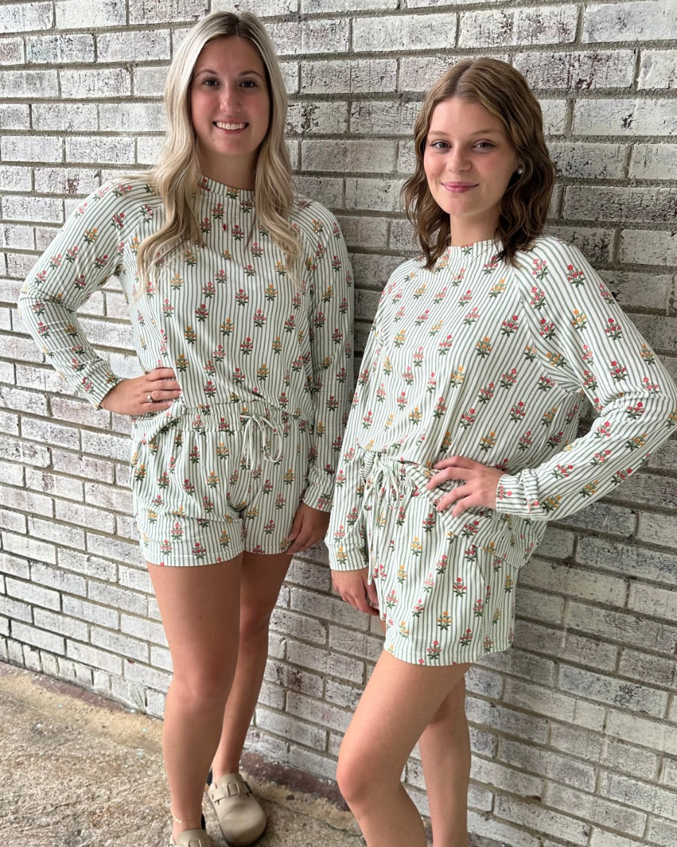 The Annie Women's Shorts Set in Cottage Stripes Green