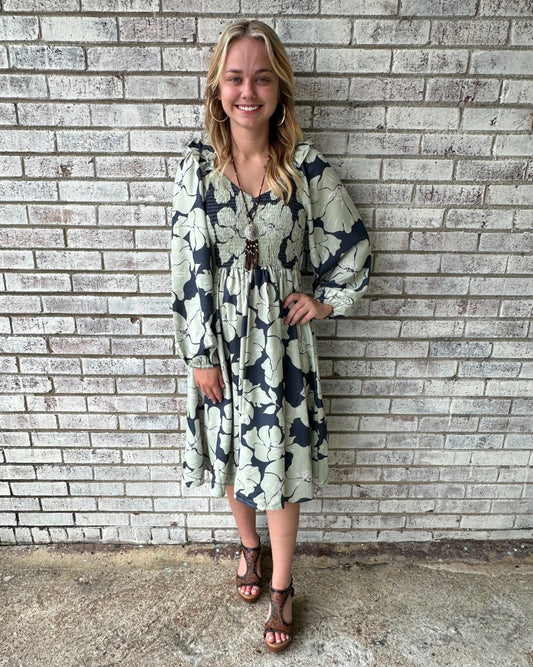 Myra Bag Wildmint Ruffle Smocking Dress in Beige & Light Cream