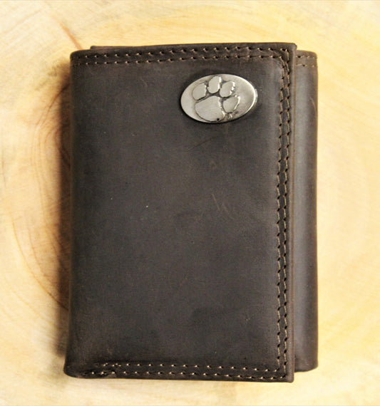 Clemson Brown Leather Tri-Fold Wallet