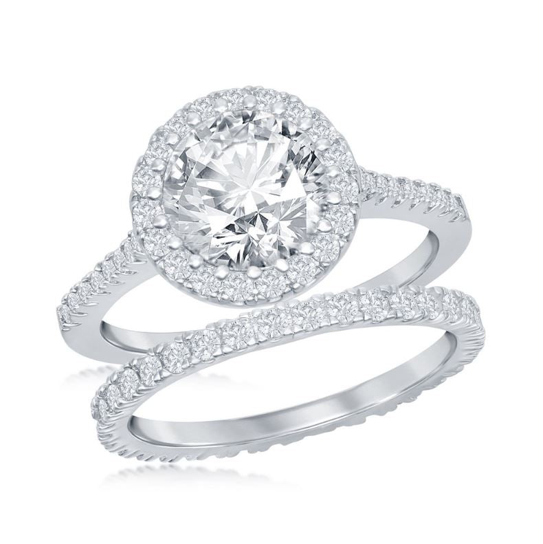 Sterling Silver French Set Round Halo Eternity Band & CZ Engagement Ring Set