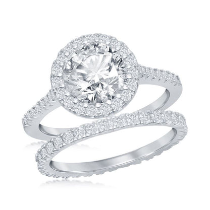 Sterling Silver French Set Round Halo Eternity Band & CZ Engagement Ring Set