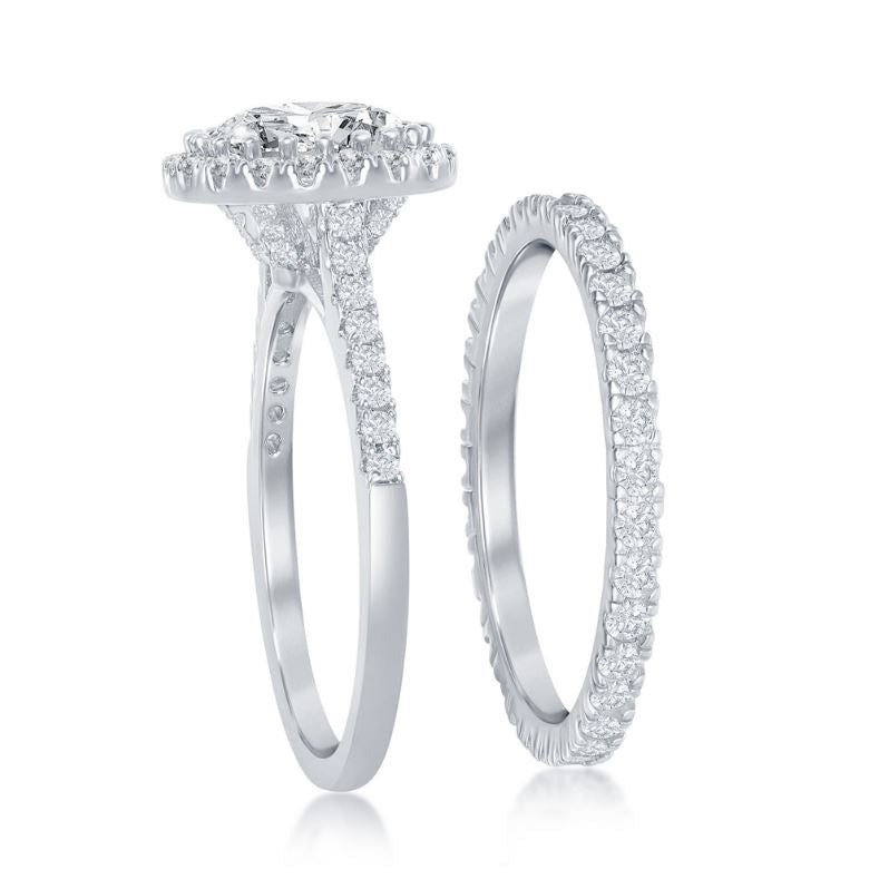 Sterling Silver French Set Round Halo Eternity Band & CZ Engagement Ring Set