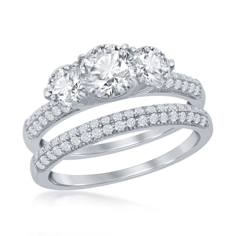 Sterling Silver 3-Stone Half Micro Pave Band Engagement Ring Set