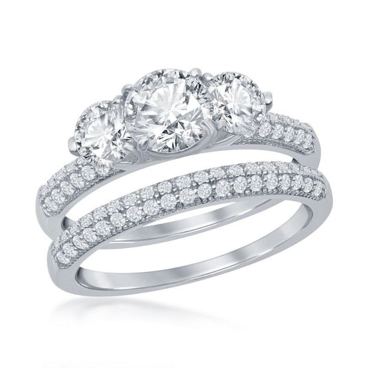 Sterling Silver 3-Stone Half Micro Pave Band Engagement Ring Set