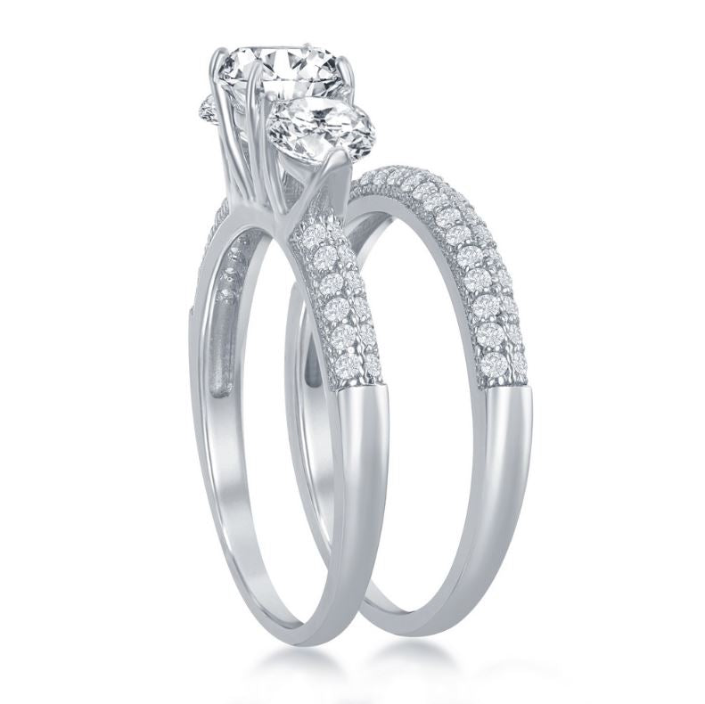 Sterling Silver 3-Stone Half Micro Pave Band Engagement Ring Set