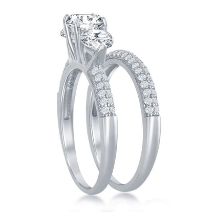 Sterling Silver 3-Stone Half Micro Pave Band Engagement Ring Set