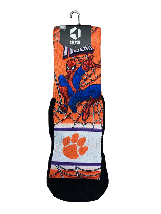 CL-MARVEL-CLEM-WEBSOUT-YTHL Clemson Tigers Spiderman Socks YTHL 0