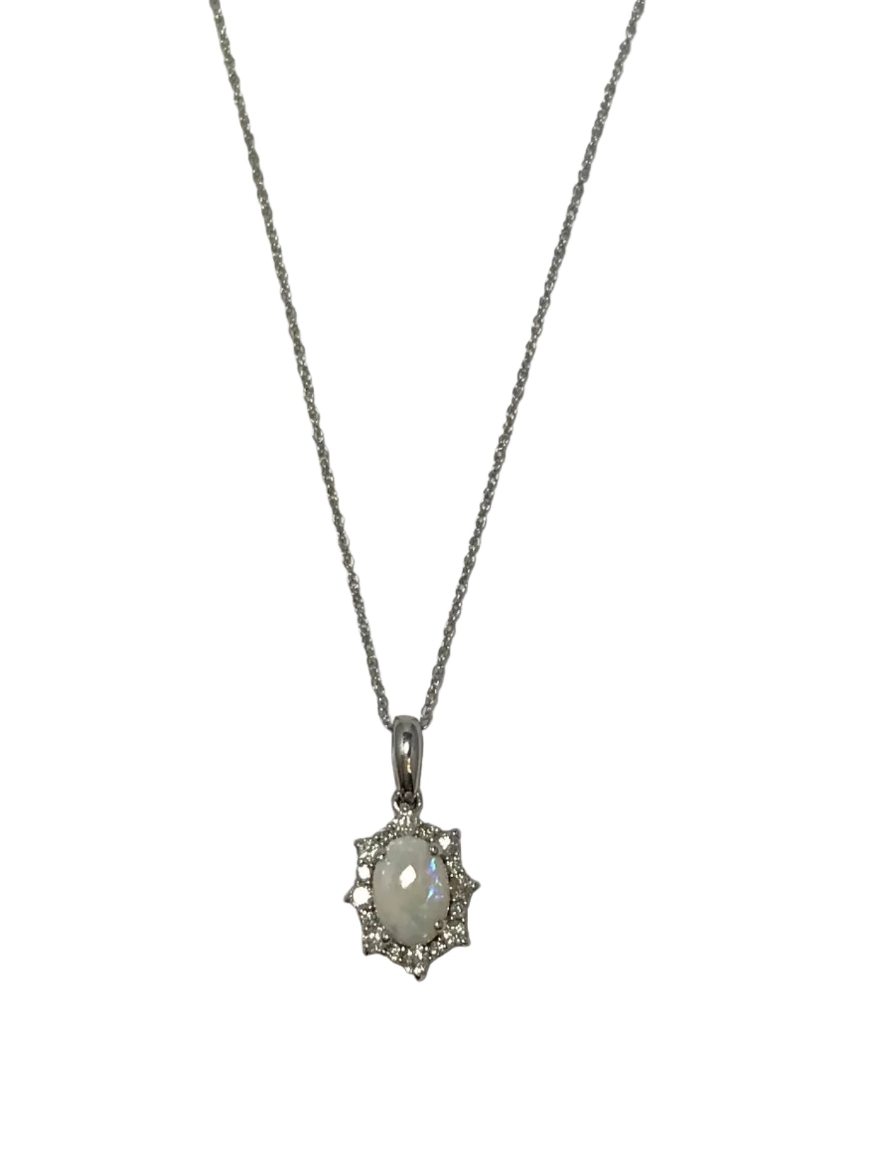 XP-1164-OP-WG 10K White Gold 7x5 Opal 1/5CTTW Diamond Necklace - 18"