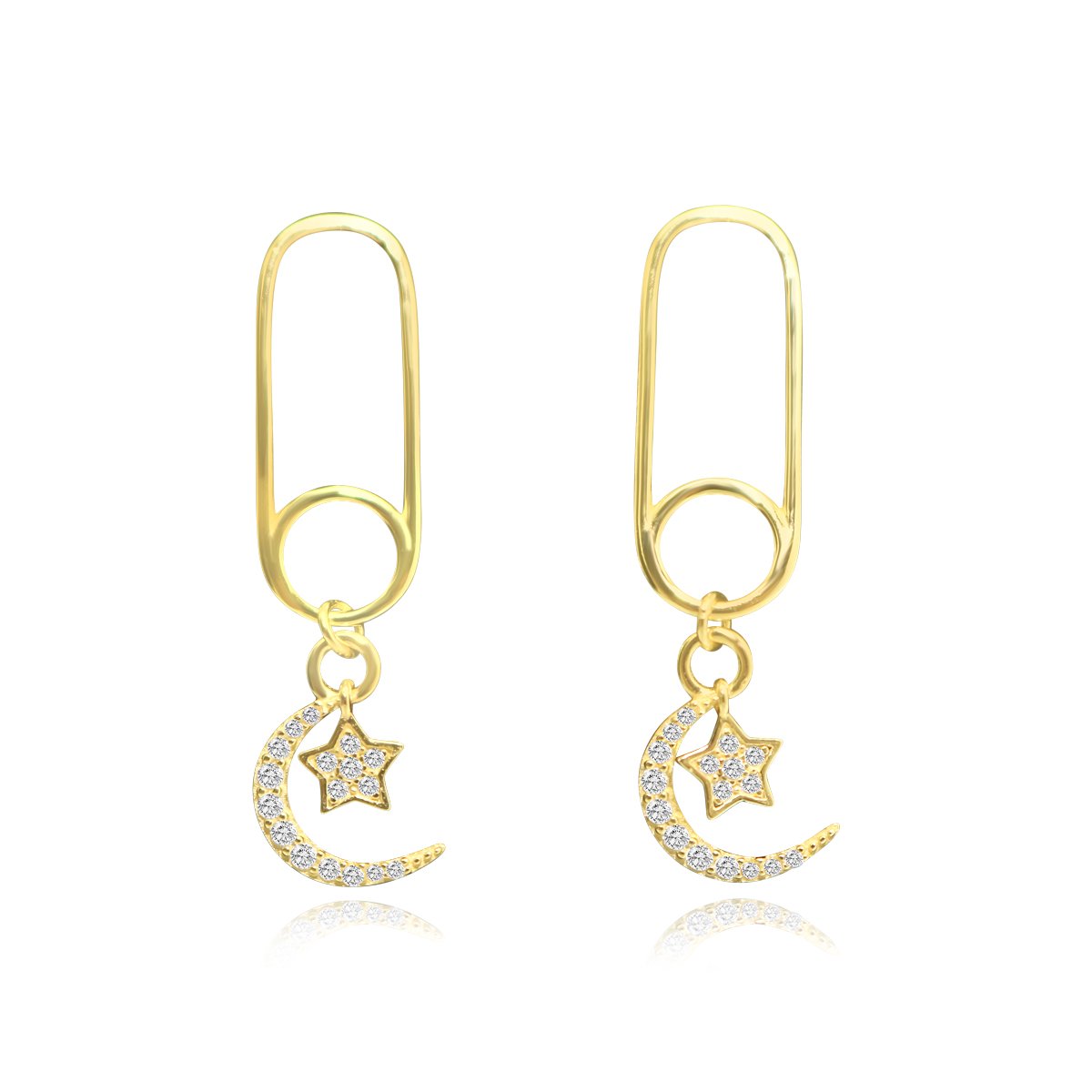 Sterling Silver CZ Paper Clip With Crescent/Star Dangle Stud Earrings - Gold Plated