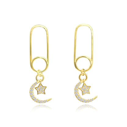 Sterling Silver CZ Paper Clip With Crescent/Star Dangle Stud Earrings - Gold Plated