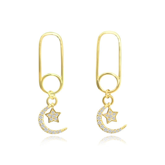 Sterling Silver CZ Paper Clip With Crescent/Star Dangle Stud Earrings - Gold Plated