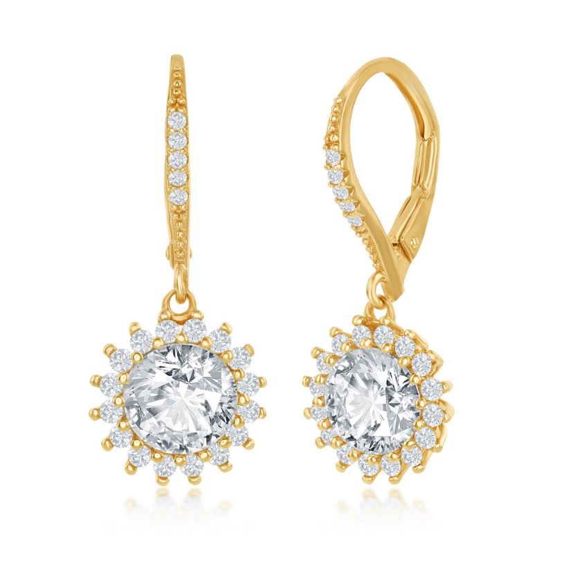 Sterling Silver Round Halo Flower CZ Earrings - Gold Plated