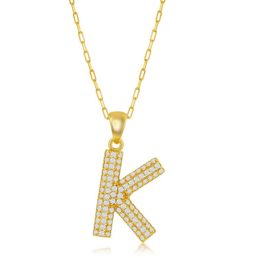Sterling Silver Micro Pave Block Initial Paper Clip Necklace - Gold Plated