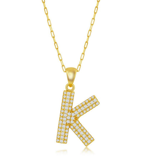 Sterling Silver Micro Pave Block Initial Paper Clip Necklace - Gold Plated