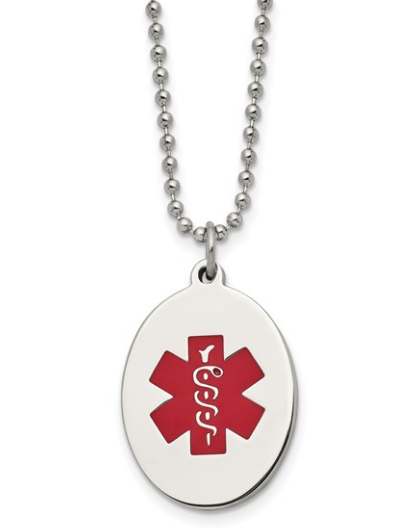 Stainless Steel Red Enamel Oval Medical ID Necklace - 24"