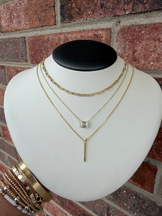 Gold-Plate Sterling Silver CZ Bar Necklace 16"+ 2" Long 0