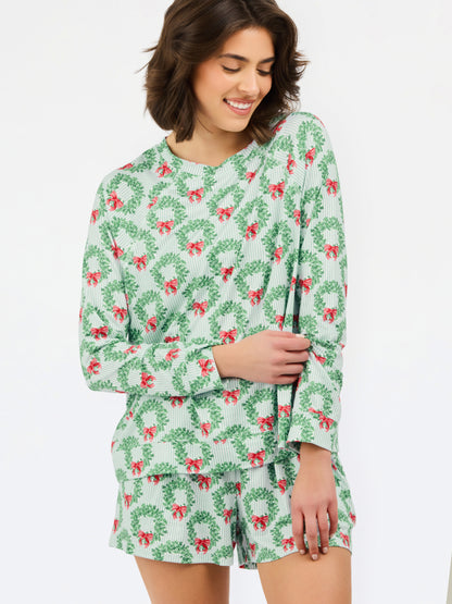 77228 Mary Square Women's Annie Long Sleeve/Short Pajama Set Wreath & Ribbon 0