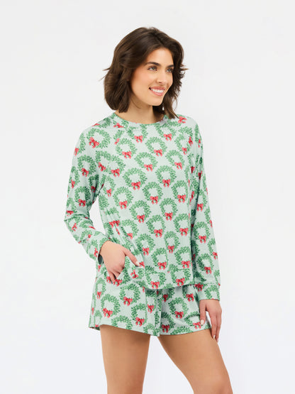 77228 Mary Square Women's Annie Long Sleeve/Short Pajama Set Wreath & Ribbon 0