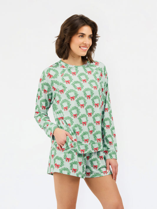 77228 Mary Square Women's Annie Long Sleeve/Short Pajama Set Wreath & Ribbon 0