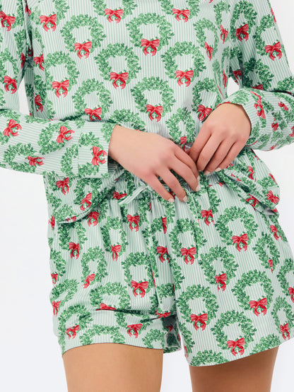 77228 Mary Square Women's Annie Long Sleeve/Short Pajama Set Wreath & Ribbon 0