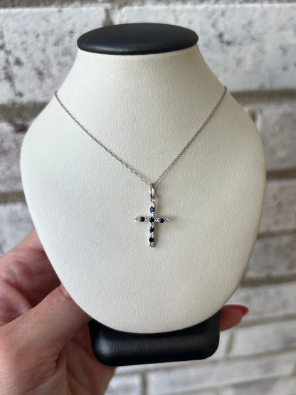 XP-1371-S-WG 10K White Gold Sapphire/Diamond Cross Pendant with 18in Chain 0