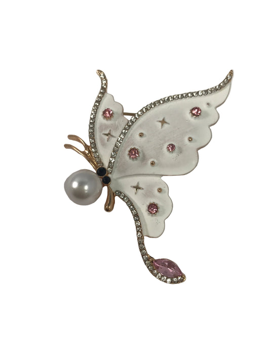 APA15526 Gold Tone White Pink Stone Pearl Butterfly Brooch