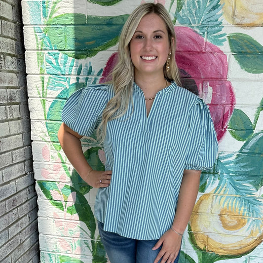 The Lainey Top in Blue Green Stripe