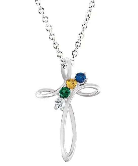Sterling Silver 4-Stone Family Cross Necklace