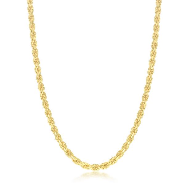 Sterling Silver Gold Plated Solid Diamond-Cut 3mm Rope Chain -24"