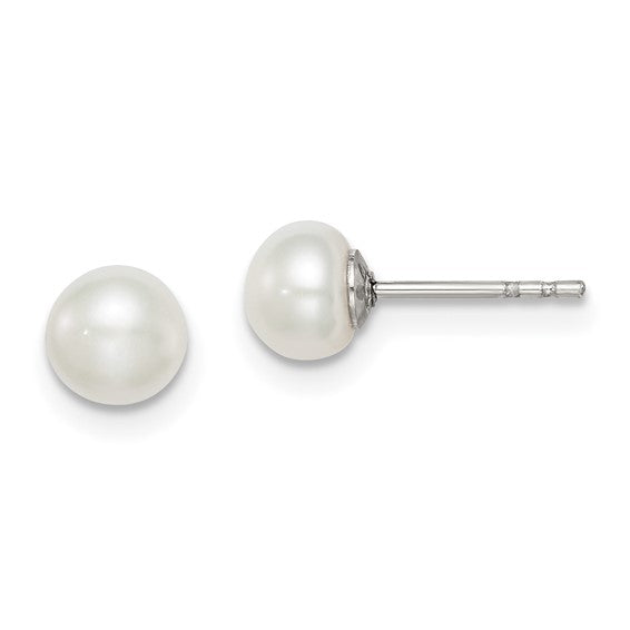 Sterling Silver Freshwater Pearl Button Stud Earrings - 5-6mm