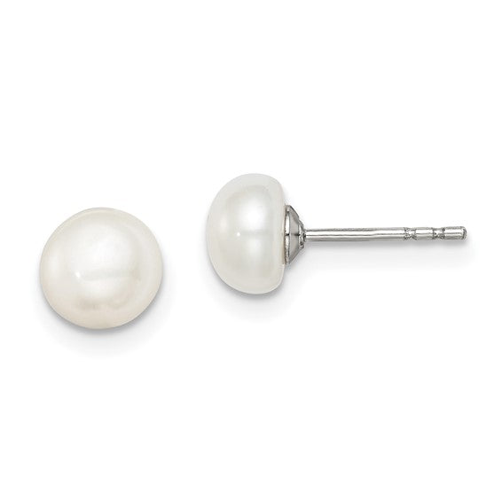 Sterling Silver Freshwater Pearl Button Stud Earrings - 6-7mm