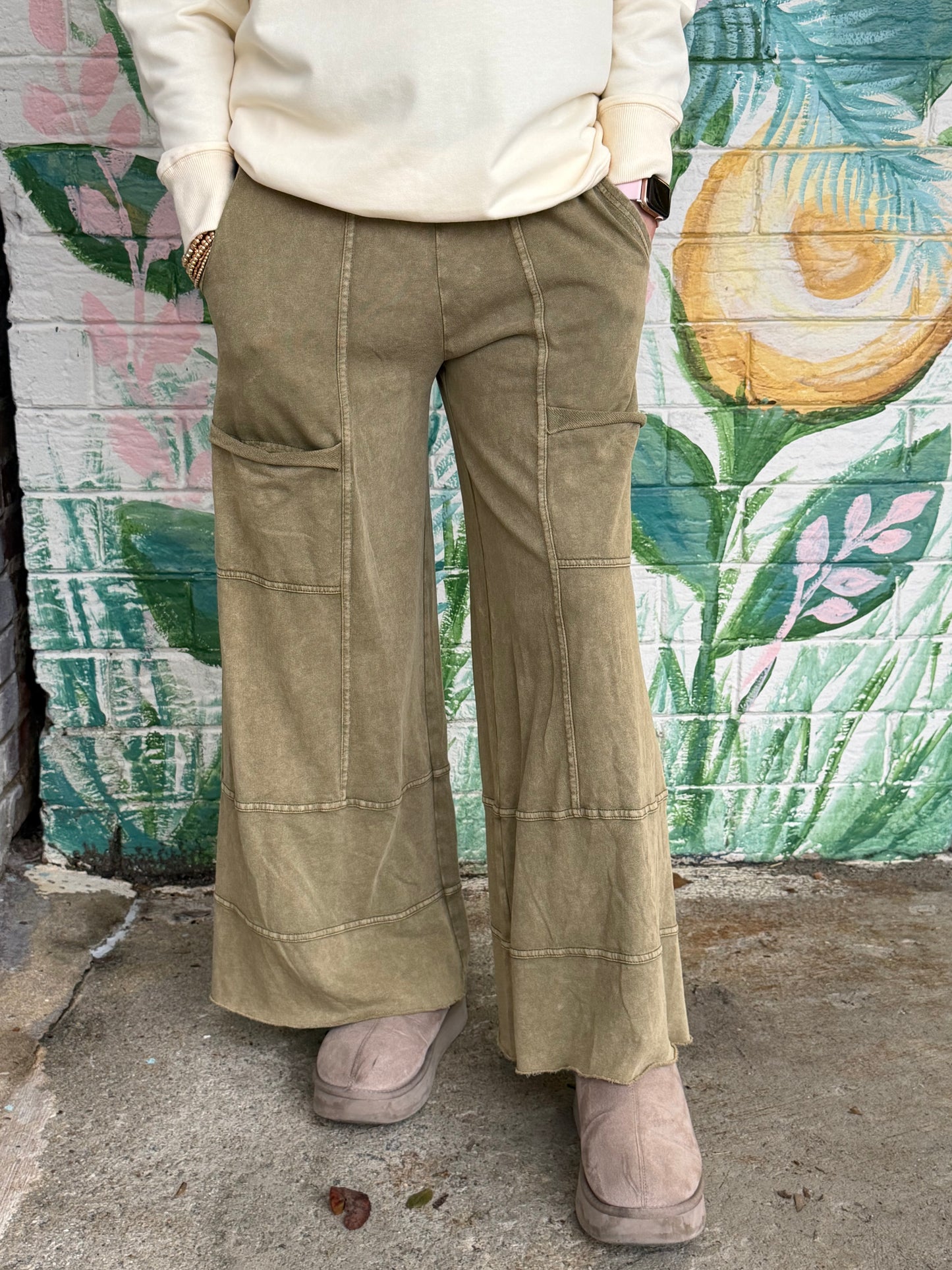 EB41308 Easel Faded Olive Trendy Tales Wide Leg Pants