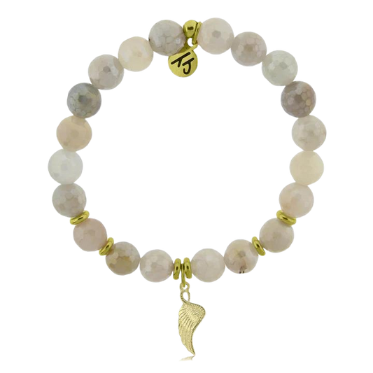 Moonstone Gemstone Beaded Bracelet with Angel Blessings Gold Charm
