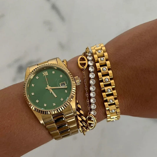 400028 Chansutt Pearls Pearl Gold Watch Band Bracelet 7in Water Resistant 18K Plated Stainless Steel