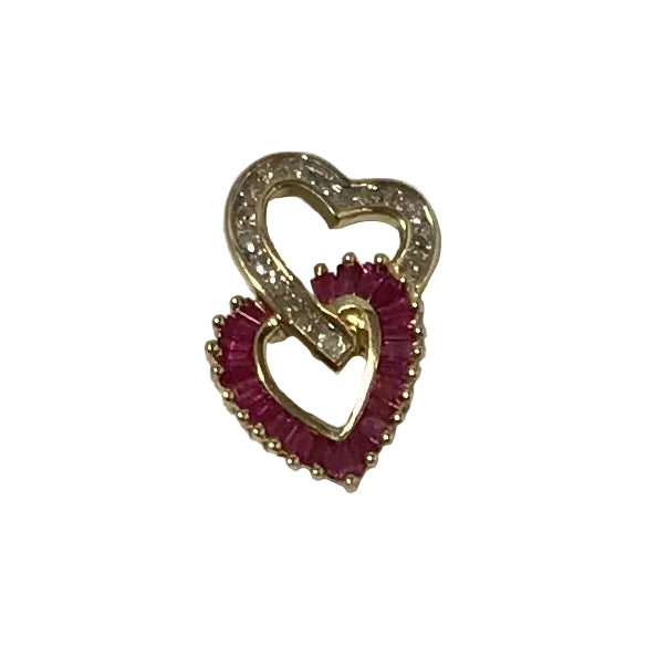 U 34418 14K Yellow Gold Red/Clear Stone Double Heart Pendant
