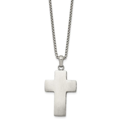 Stainless Steel Brushed Oxidized Design Edges Cross Necklace