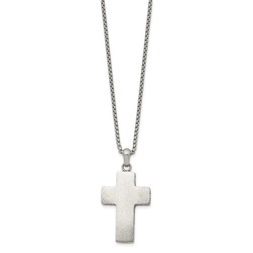 Stainless Steel Brushed Oxidized Design Edges Cross Necklace