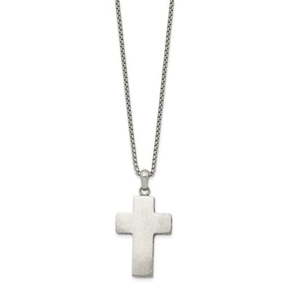 Stainless Steel Brushed Oxidized Design Edges Cross Necklace