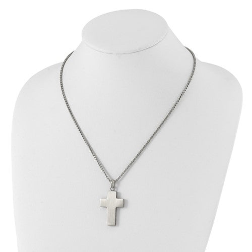 Stainless Steel Brushed Oxidized Design Edges Cross Necklace