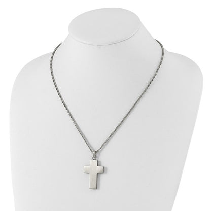 Stainless Steel Brushed Oxidized Design Edges Cross Necklace