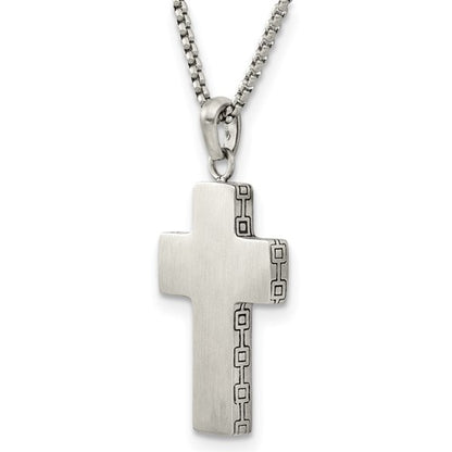 Stainless Steel Brushed Oxidized Design Edges Cross Necklace